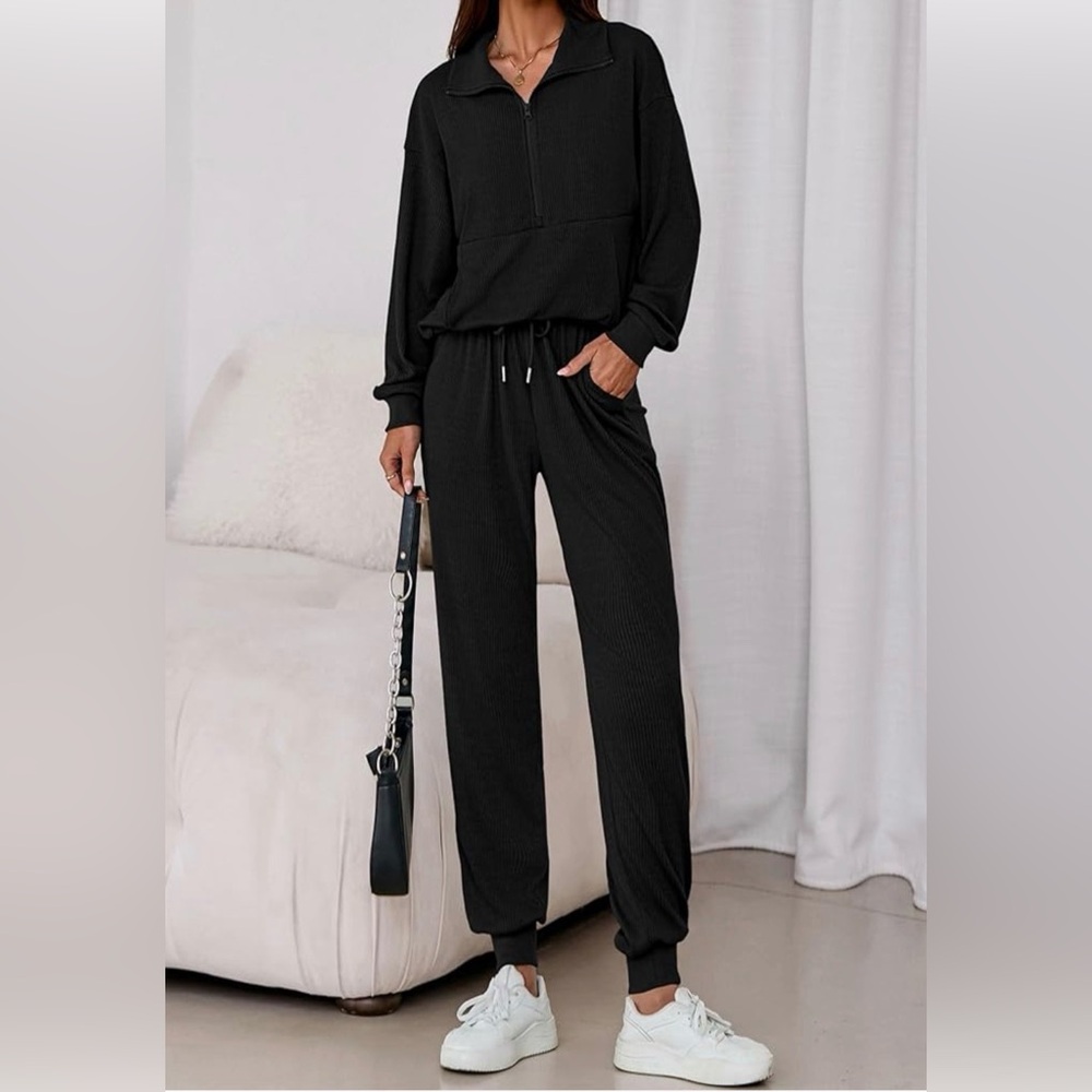 Women's Black Ribbed Wide-Leg Lounge Pants with Drawstring